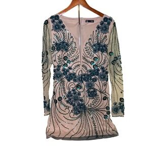 Anewsta Embellished Mini Dress Women Size M Teal Nude Sequin Floral Beaded